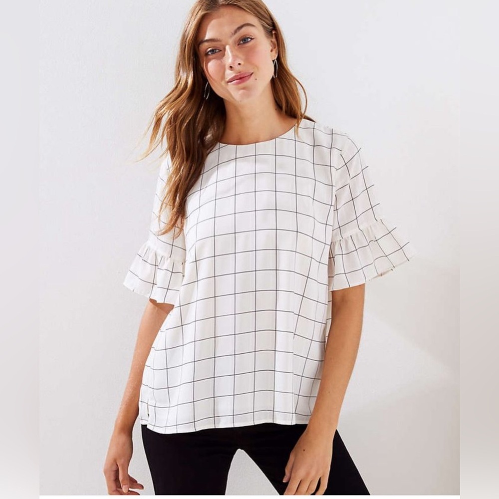 Loft Ann Taylor Plaid Ruffle Cuff sleeve blouse size xs